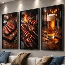 Kit 3 Quadros Churrasco Carne Cerveja Picanha Pub Minimalista Placas Decorativas Mdf 3mm Promoção Envio Rápido Top