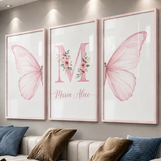 Quadro Decorativo 3 Peças Infantil Borboleta Nome Personalizado - Quarto Menina - Sem Moldura e Sem Vidro Premium
