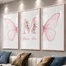 Quadro Decorativo 3 Peças Infantil Borboleta Nome Personalizado - Quarto Menina - Sem Moldura e Sem Vidro Premium