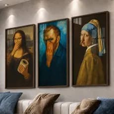 Kit 3 Quadros Mona Lisa Van Gogh Banheiro Paródia Pinturas Famosas Arte Clássica Banheiro