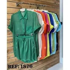 conjunto saida de praia feminina chemise manga curta e shorts com bolso na lateral—1876