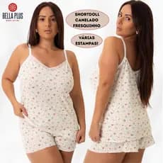 Babydoll Plus Size Suede Estampado Renda Conforto Pijama Noite Dormir