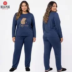 Pijama Plus Size Feminino Malha Premium Adulto Longo Confort Fechado Manga Comprida Inverno