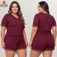 Pijama Plus Size Babydoll Feminino com Renda Conforto Dormir Linha Noite Bella Plus