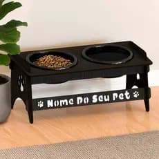 Comedouro PERSONALIZADO Com Nome Para Pets Pequenos De Madeira Com 2 Potes De Plástico