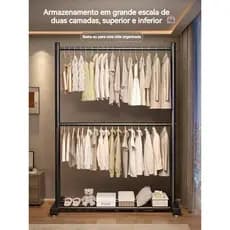Cabideiro De Chão Arara Com Sapateira Em Aço Desmontável Organizador De  Roupas