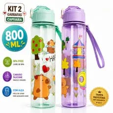 Kit 2 Garrafas Capivara 800ml Infantil PP – Bico Silicone + Alça + Tampa Protetora | BPA Free