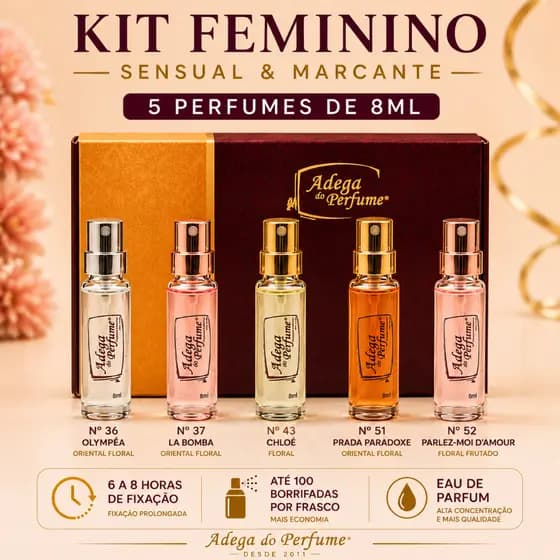 Kit 5 Perfumes Femininos 8ml de Bolso e Viagem Caixa Presente Fragrâncias Marcantes Adega do Perfume