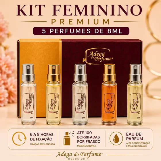 Kit 5 Perfumes Femininos 8ml de Bolso e Viagem Caixa Presente Fragrâncias Premium Adega do Perfume