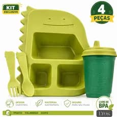 Kit Alimentação Infantil Lyor Baby Dino 4 Peças Prato Divisórias Copo Tampa Talheres BPA Free