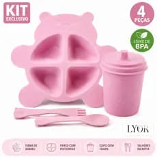Kit  4 Peças Refeição Infantil Lyor Baby Bear Rosa Prato Copo Tampa Talheres BPA Free