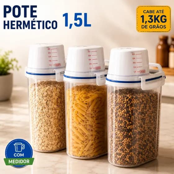Pote Hermético 1,5L com Copo Medidor Porta Mantimentos Dispenser para Grãos Cereais e Líquidos