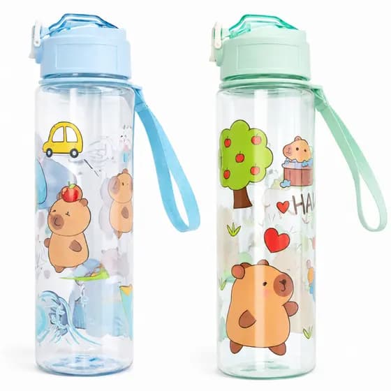 Garrafa Infantil Capivara com Canudo, Tampa e Alça para Escola, Passeio e Viagem | Azul ou Verde