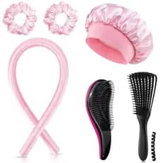 Kit 6 Peças Cuidados com o Cabelo – Touca de Cetim, Escovas Sortidas e Modelador de Cachos Sem Calor + 2 Scrunchies