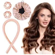 Touca Antifrizz de Cetim Dupla Face + Modelador Heatless Curls + 2 Xuxinhas - Cachos sem Danos e Proteção Diária