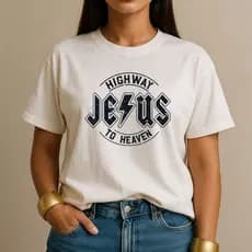Camiseta 100% Algodão Highway to Heaven Jesus Camisa Cristã Feminina Casual AC/DC para o Dia a Dia