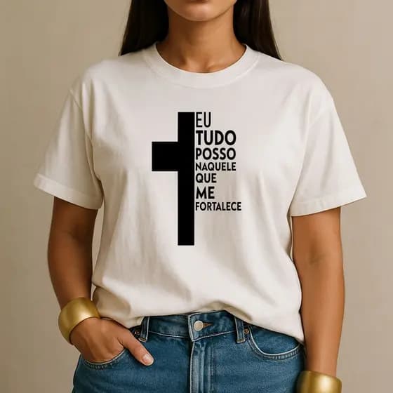 Camiseta 100% Algodão Eu Tudo Posso Naquele Que Me Fortalece Camisa Feminina Cristã Casual Fashion