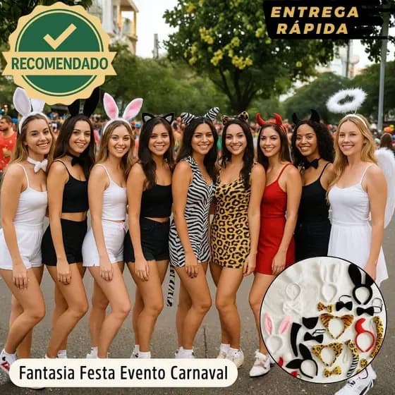 Tiara Fantasia Carnaval Eventos Rabinho Gravata Coelho Gato Tigre Onça Diabinha Anjo Pelúcia Rápida