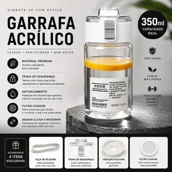 Garrafa Água 350ml BPA Free Tampa Trava Filtro Chá Alça Academia Escritório Viagem