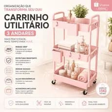 Carrinho Multiuso 3 Prateleiras com Rodinhas 360° Organizador Casa Banheiro Cozinha Preto