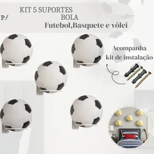 KIT 5 SUPORTES DE PAREDE PARA BOLA – FUTEBOL, BASQUETE E VÔLEI – PARAFUSOS E BUCHAS INCLUSOS