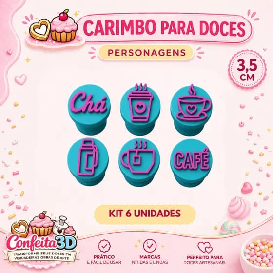 Kit 6 Carimbos para Doces Chá e Café | Xícara, Copo, Garrafa Térmica e Palavras Decorativas