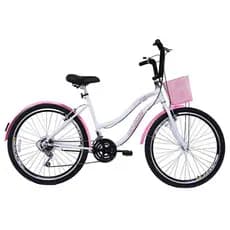 Bicicleta Aro 26 Feminina com Cestinha Retrô Beach 18 Marchas Passeio Urbana Confortavel Para-lamas