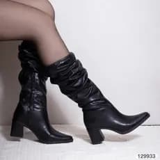 Bota Feminina Cano Longo Errugado Slouch Bico Fino Salto Bloco Médio Elegante Clássica Casual – Fashion Outono/Inverno