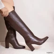 Bota Feminina Cano Alto Couro Legítimo Salto Bloco 8cm Zíper Lateral