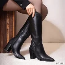 Bota Montaria Feminina Couro Legítimo Cano Alto Salto Grosso Elegante