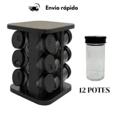 Porta Condimentos E Temperos 12 9 6 Potes De Vidro Com Tampa Dosadora Base Giratória Organização Para Cozinha Preto