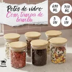 Kit 3 E 6 Potes De Vidro Herméticos Condimentos 690 ml E 750 ml Com Tampa De Bambu