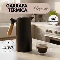 Garrafa Térmica de Café 1 Litro Preta Cabo de Madeira Elegante para Café Chá Mantém Quente e Frio