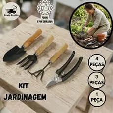 Kit Jardinagem Conjunto 4 3 1 Peças Ferramentas Tesoura Pá Garfo Ancinho  De Aço Cabo Madeira Jardim