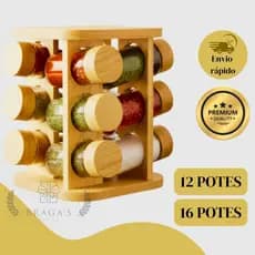 Porta Condimentos E Temperos de Bambu Premium 12 16 Potes De Vidro Com Tampa Dosadora Base Giratória Para Cozinha
