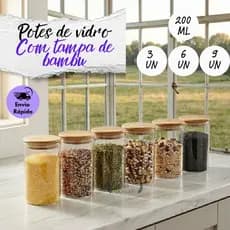 Kit 3 6 9 Potes De Vidro Herméticos Condimentos 200 ML Com Tampa De Bambu para Temperos Grãos Café Mantimentos