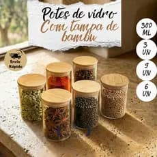 Kit 3 6 9 Potes De Vidro Herméticos Condimentos 300 ML Com Tampa De Bambu para Temperos Grãos Café Mantimentos