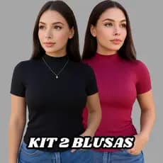 Kit 2 Blusa Canelada Feminina Gola Alta Manga Curta Canelado Premium