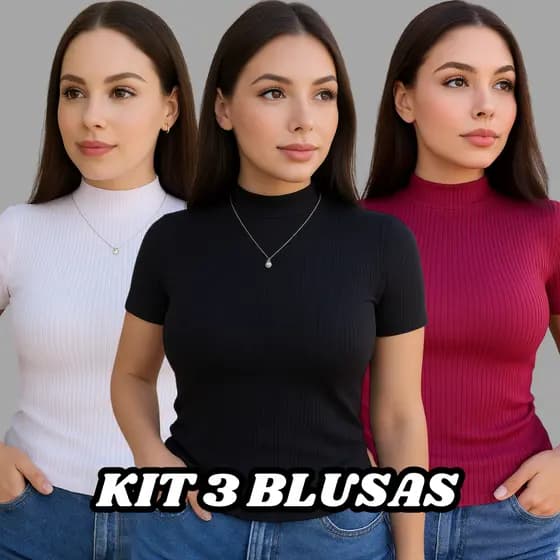 Kit 3 Blusa Canelada Feminina Gola Alta Manga Curta Canelado Premium