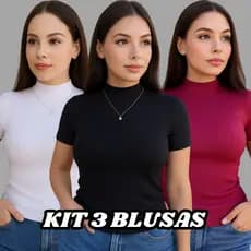 Kit 3 Blusa Canelada Feminina Gola Alta Manga Curta Canelado Premium