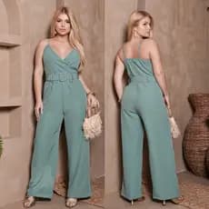 Macacão Alfaiataria Longo Feminino Pantalona com Cinto e Bolso | Alcinha Decote V Social Festa Moda Blogueira