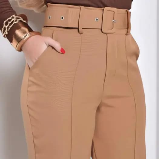 Calças Alfaiataria Feminina Skini Plus Size com Cinto Cintura Alta Perna Justa Elegante do P ao G2