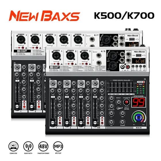 Mesa de Som NEW BAXS K500 5 Canais (ou K700 7 Canais) com Efeito DSP, Bluetooth, USB e MP3 Player - Para Karaokê, Igreja