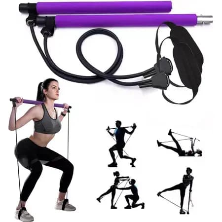 Barra de Pilates Yoga Portátil Com Elásticos Extensor Exercício Academia Treino Musculação Roxo