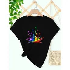 Camiseta feminina com estampa de respingo de arco-íris vibrante – Camiseta casual e esportiva