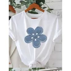 Camiseta gráfica floral manga curta gola redonda com design de flor branca azul amantes da moda chique relaxado