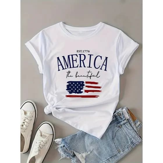 Camiseta feminina com estampa de bandeira americana patriótica – casual gola redonda manga curta elástica