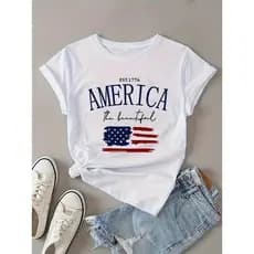 Camiseta feminina com estampa de bandeira americana patriótica – casual gola redonda manga curta elástica