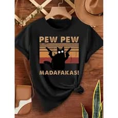 Camiseta feminina gráfica Playful Black Cat "Pew Pew" – casual gola redonda manga curta poliéster lavável à máquina
