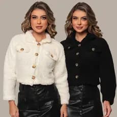 Casaco Teddy curto Jaqueta de botão Moda Feminino Felpudo Pelo Urso pelos urso eloquencia Blogueirinha